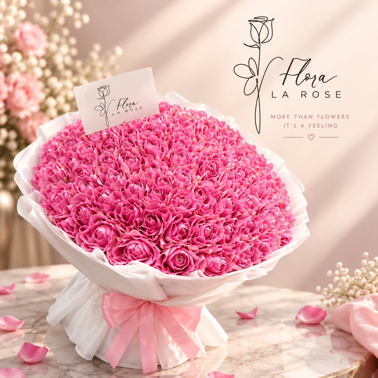 Flora La Rose luxury pink rose bouquet wrapped in elegant white paper with a pink ribbon, Dubai flower shop.